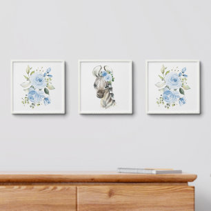 Zebra, Safari, Jungle, Blue Flowers, Boy Nursery Peel And Stick Photo Tile