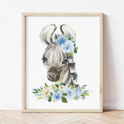 Zebra Safari Jungle Blue Flowers Boy Nursery Poster