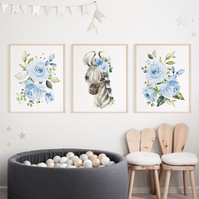 Zebra, Safari, Jungle, Blue Flowers, Boy Nursery Wall Art Sets (Creator Uploaded)