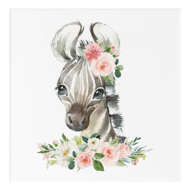 Zebra, Safari, Jungle, Pink Flowers, Girl Nursery Acrylic Print (Front)