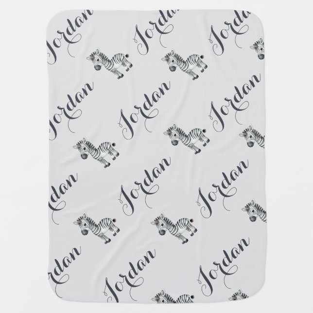 Zebra Safari Jungle Watercolor Custom Baby Name Baby Blanket (Front)