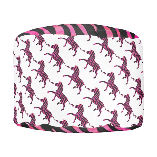 Zebra Silhouette Black and Hot Pink Print Pouf (Front)
