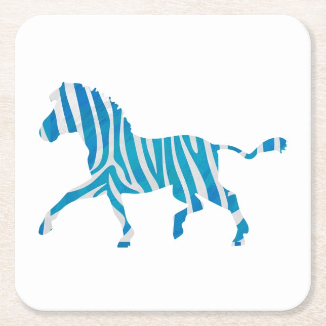 Zebra Silhouette Blue and White Square Paper Coaster (Front)