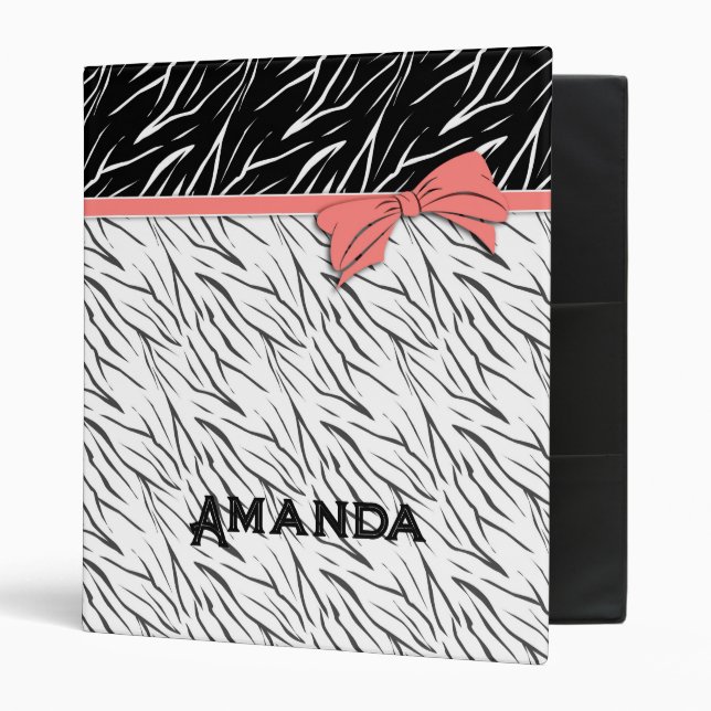 Zebra skin black white tiger leather stripes pink  3 ring binder (Front/Inside)