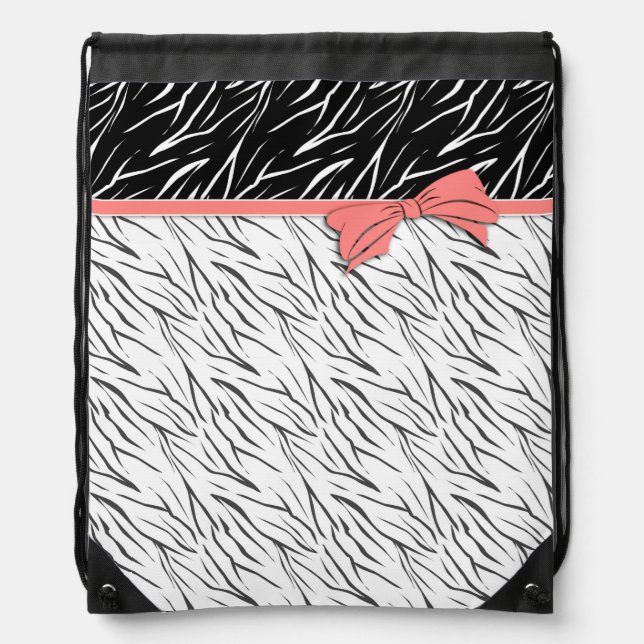 Zebra skin black white tiger leather stripes pink  drawstring bag (Front)