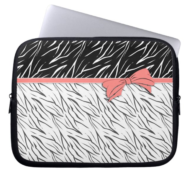 Zebra skin black white tiger leather stripes pink laptop sleeve (Front)