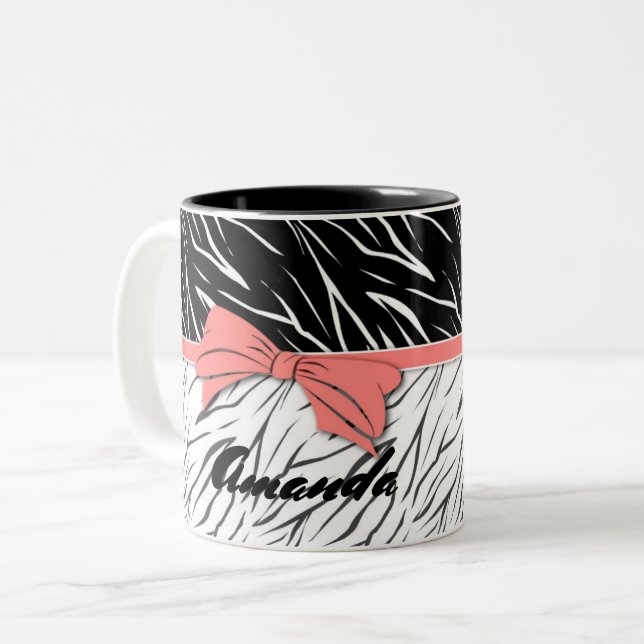 Zebra skin black white tiger leather stripes pink  Two-Tone coffee mug (Front Left)