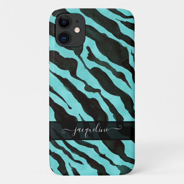 Zebra Skin Pattern Aqua Blue Black Chic Name Case-Mate iPhone Case (Back)