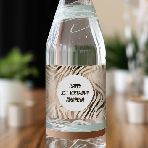 Zebra skin pattern Jungle safari Boy 1st birthday Water Bottle Label