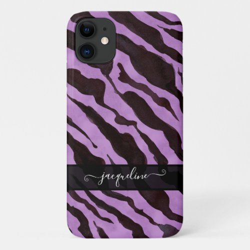 Zebra Skin Pattern Purple Black Modern Chic Name iPhone 11 Case