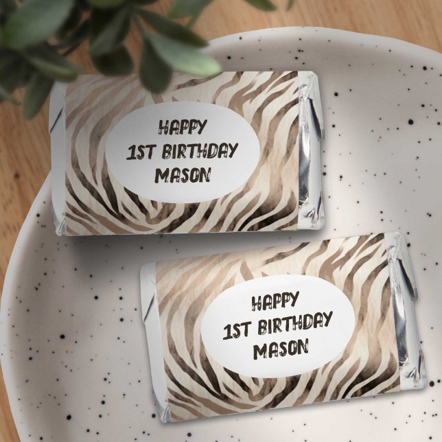 Zebra skin pattern, Wild One Safari boy 1st  Hershey's Miniatures (Zebra print, Safari jungle animals themed personalized hershey assorted birthday party favors.)
