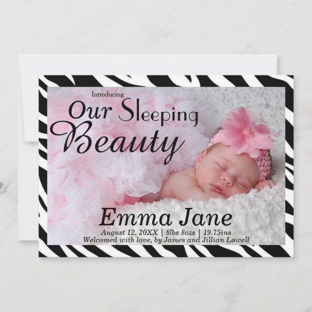 Zebra Sleeping Beauty Print Birth Announcement (Front)