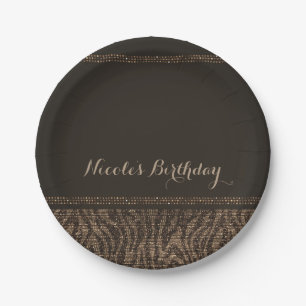 Zebra Sparkle Brown Gold Glam Chic Elegant Party Paper Plates