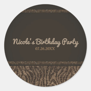 Zebra Sparkle Brown Gold Glam Party Favor Classic Round Sticker