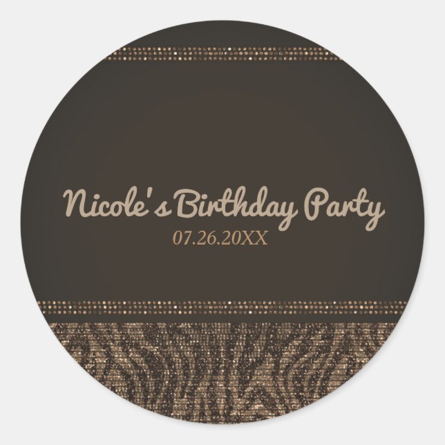 Zebra Sparkle Brown Gold Glam Party Favor Classic Round Sticker (Front)