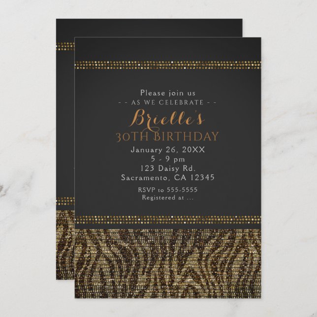 Zebra Sparkle Sequins Glam Chic Party Invitation (Front/Back)
