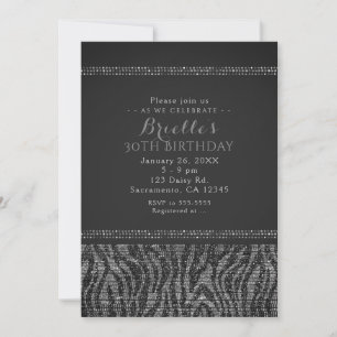 Zebra Sparkle Silver & Black Glam Party Invitation