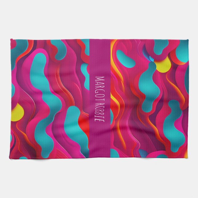 Zebra Strides waves Pink Navy Rainbow Pattern Kitchen Towel (Horizontal)