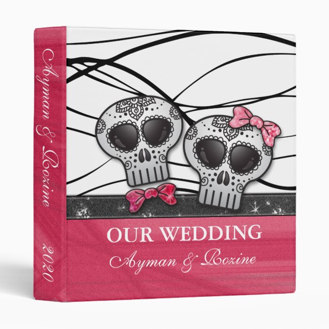 Zebra Stripe Animal Print Hot Pink Glitter Skulls 3 Ring Binder (Front/Spine)