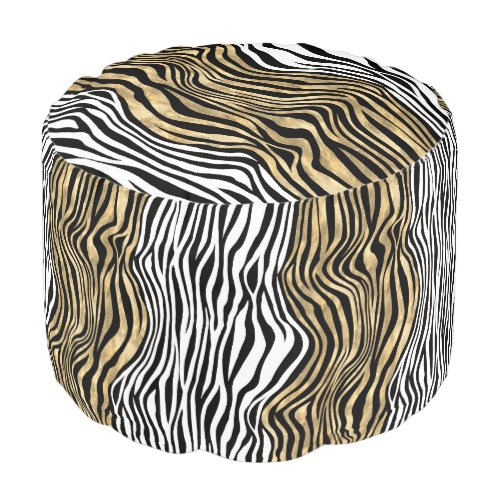 Zebra stripe animal skin print black gold white pouf