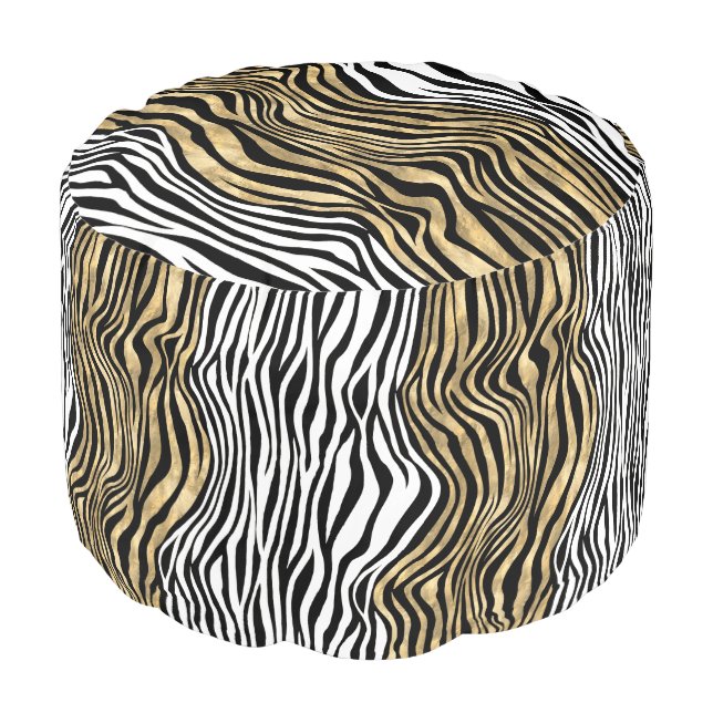 Zebra stripe animal skin print black gold white pouf (Angled Front)