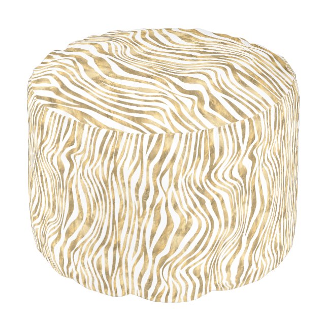 Zebra stripe animal skin print gold white pouf (Angled Front)