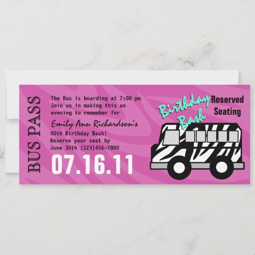 Zebra Stripe Bus Pass Birthday Party Invitation