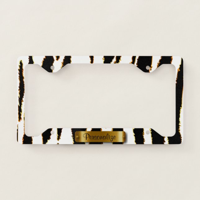 Zebra Stripe in White, Black and Gold License Plate Frame (Front)