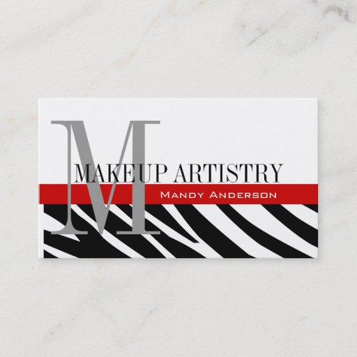 Customizable Zebra Stripe Pattern Monogram Make Up Artist Business Card Template