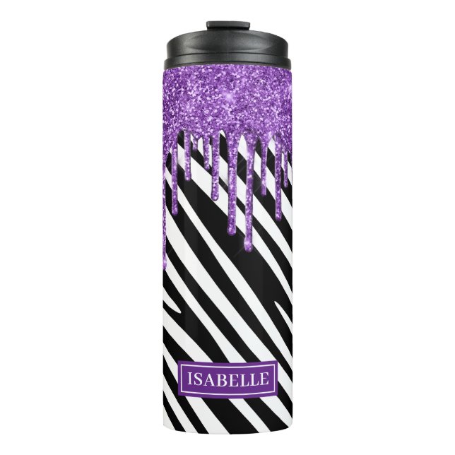 Zebra Stripe Pattern with Purple Glitter Drip Thermal Tumbler (Front)