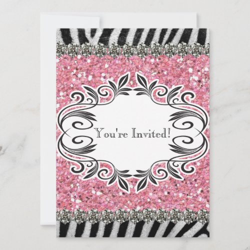 Zebra Stripe Pink Glitter Girl Birthday Invitation