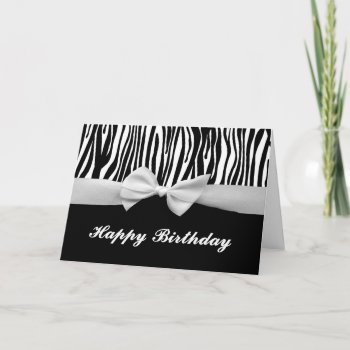 Zebra Stripe & White Ribbon Graphic Happy Birthday Card by PeachyPrints at Zazzle