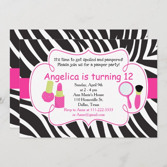 Zebra Striped Birthday Pamper Party Sleepover Invitation (Front/Back)