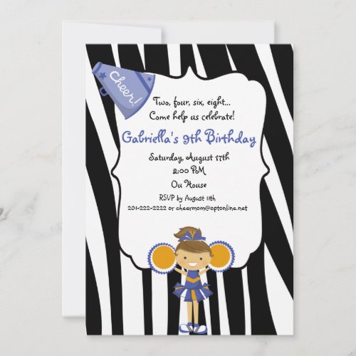Zebra Striped Blue Cheerleader Birthday Invite
