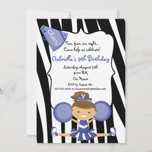 Zebra Striped Blue Cheerleader Birthday Invite
