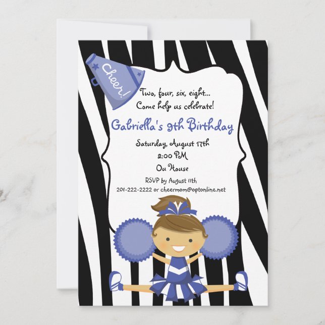 Zebra Striped Blue Cheerleader Birthday Invite (Front)