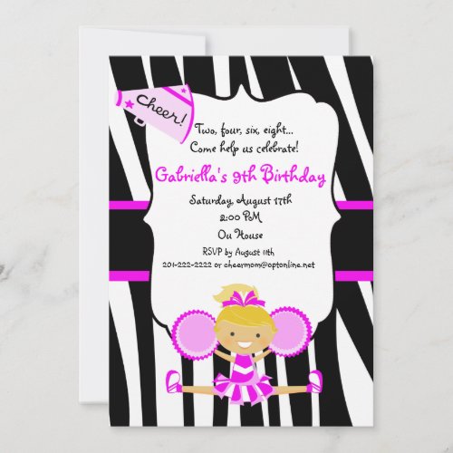 Zebra Striped Hot Pink Cheerleader Birthday Invite