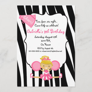 Zebra Striped Pink Cheerleader Birthday Invite