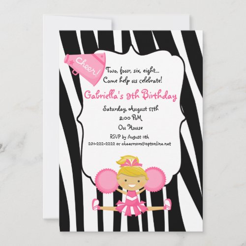 Zebra Striped Pink Cheerleader Birthday Invite