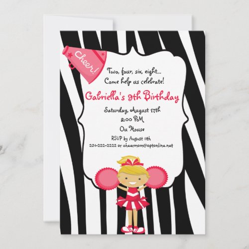 Zebra Striped Red Cheerleader Birthday Invite