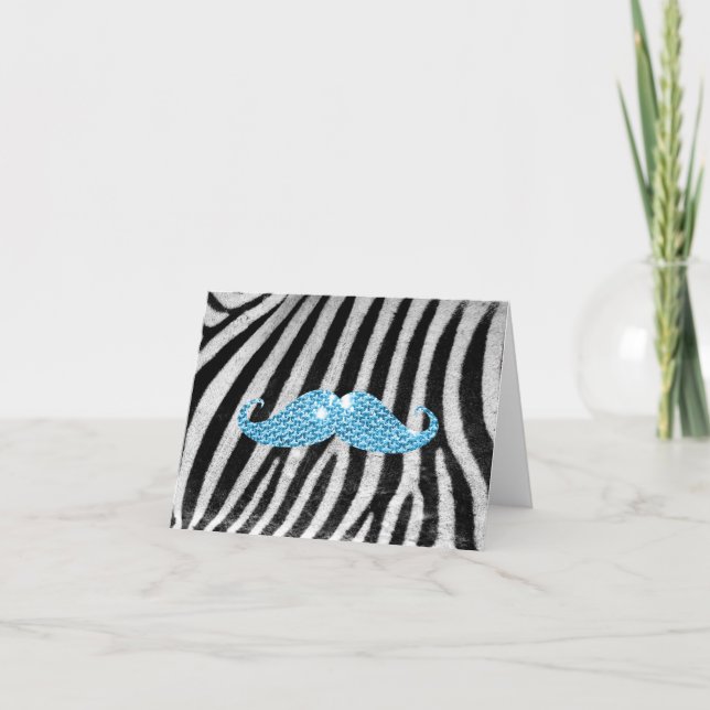 Zebra Stripes And Blue Bling Mustache Card (Front)