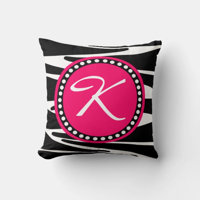 Zebra Stripes and Hot Pink Circle Initial Monogram Throw Pillow (Front)