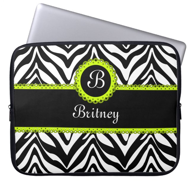 Zebra Stripes and Lime Green Lace Monogram Laptop Sleeve (Front)