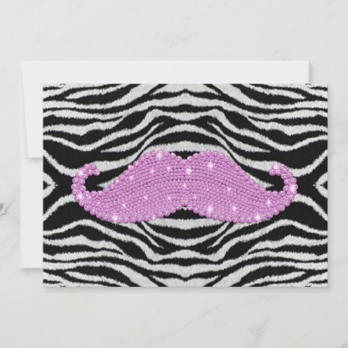 Zebra Stripes And Pink Bling Mustache Custom Invite