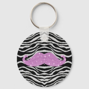 Zebra Stripes And Pink Bling Mustache Keychain