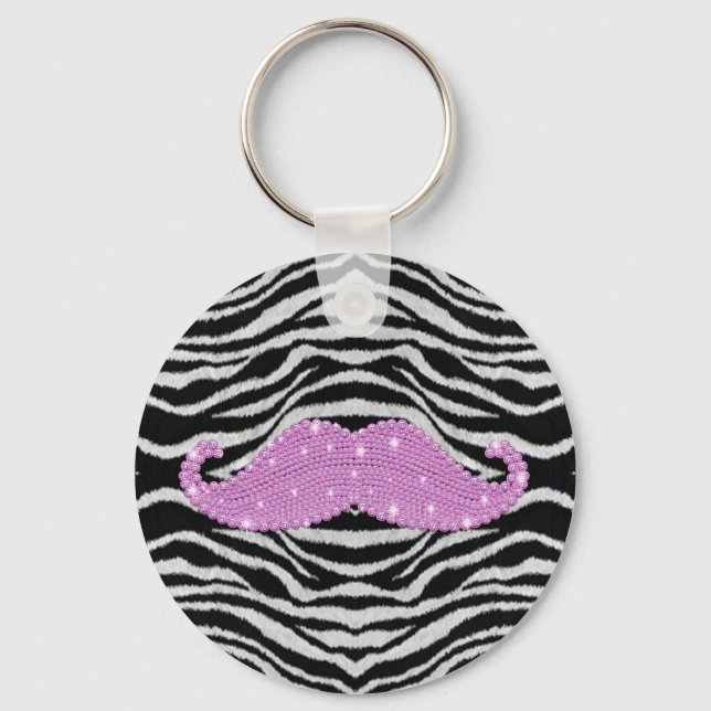 Zebra Stripes And Pink Bling Mustache Keychain (Front)