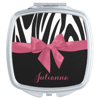 Zebra Stripes and Pink Ribbon with Name Makeup Mirror