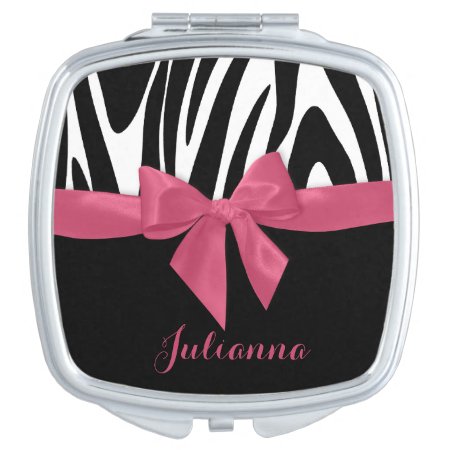 Zebra Stripes And Pink Ribbon With Name Makeup Mirror