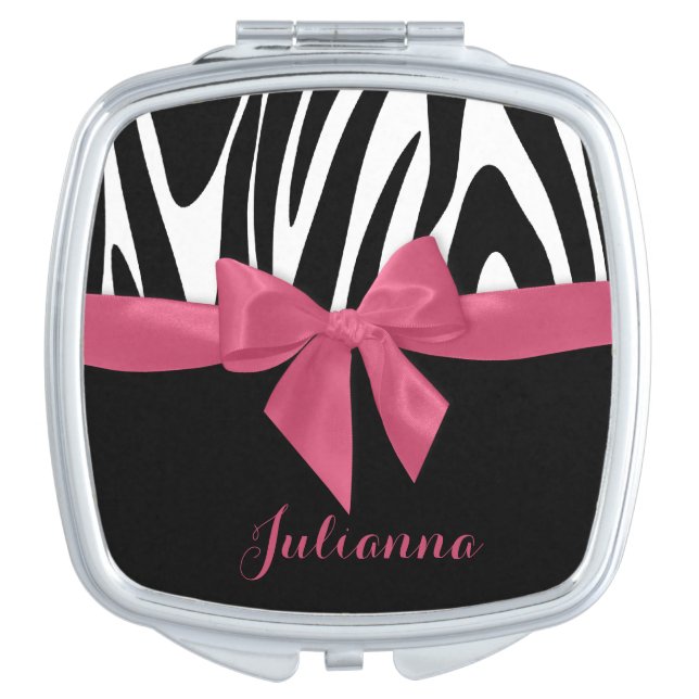 Zebra Stripes and Pink Ribbon with Name Makeup Mirror (Front)