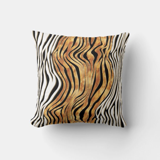 Zebra stripes animal print black gold orange white throw pillow (Front)